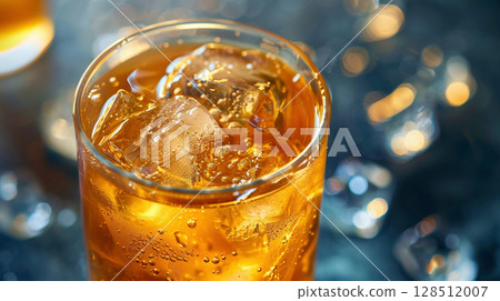 Close-up of a cold drink with ice and sparkling bubbles 128512007