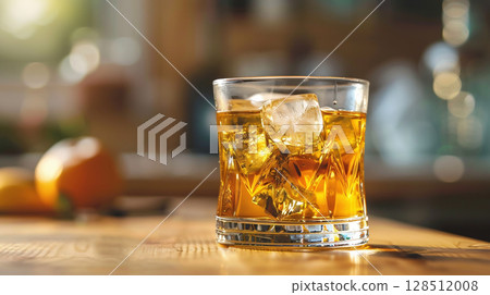 A cold drink with ice in the sunlight and the warmth of a wooden table 128512008