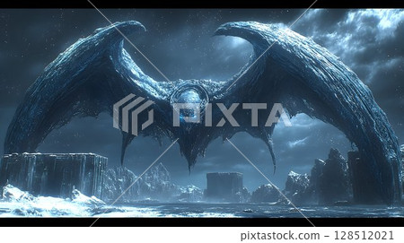 Fantasy ice creature with large wings dark body glowing eyes 128512021