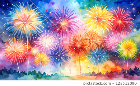 夏夜煙火,水彩風格 夏夜煙火,水彩風格 128512090
