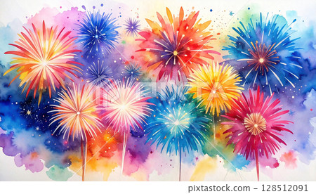 夏夜煙火，水彩風格 128512091