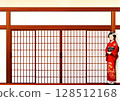 背景：日式房間和一位穿著和服的女性 128512168
