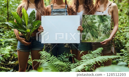 People holding blank sign green nature background 128512203