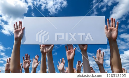 Diverse hands holding blank sign unity togetherness 128512205