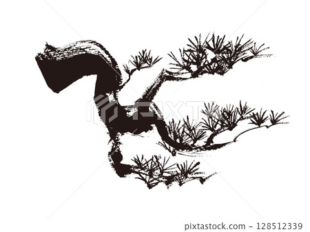 日式手繪松樹插圖，單色墨水畫 128512339