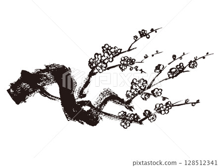 Japanese-style hand-drawn illustration of plum blossoms, monochrome ink painting 128512341