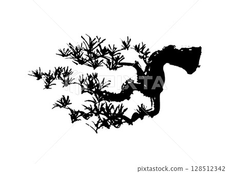 Japanese-style hand-drawn illustration of a pine tree, monochrome ink painting Japanese-style hand-drawn illustration of a pine tree, monochrome ink painting 128512342