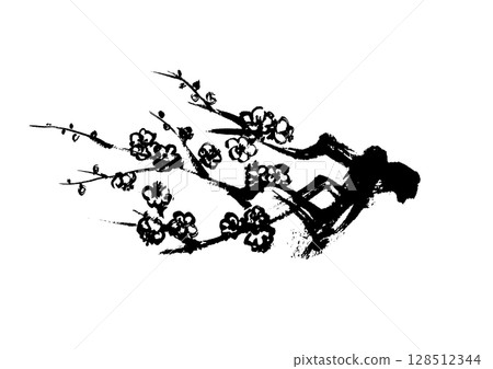 日式手繪梅花插圖，單色墨水畫 128512344