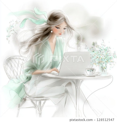 An elegant way of working – Natural girl working in a cafe – 128512547