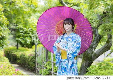 A woman in a yukata with a Japanese umbrella A woman in a yukata with a Japanese umbrella 128512715