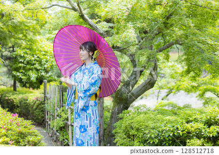 A woman in a yukata with a Japanese umbrella 128512718