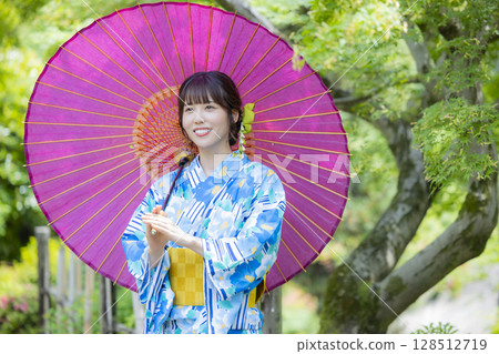 A woman in a yukata with a Japanese umbrella 128512719