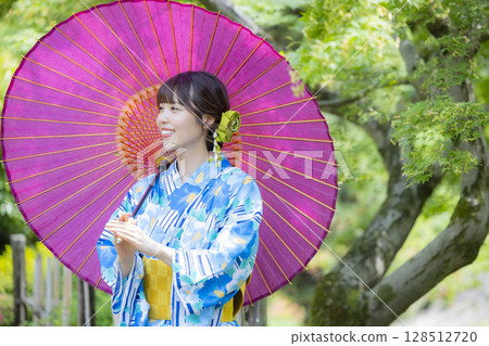 A woman in a yukata with a Japanese umbrella A woman in a yukata with a Japanese umbrella 128512720