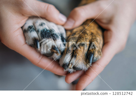 A symbolic representation of the pet-human connection, love and loyalty, made up of a dog's paw and a human's hand 128512742