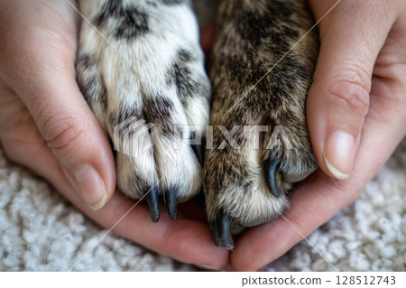 A symbolic representation of the pet-human connection, love and loyalty, made up of a dog's paw and a human's hand 128512743