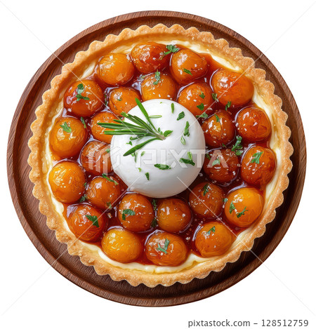 Apricot and Rosemary Tart with Roasted Apricots in Glaze on Crisp Pastry Base Topped with Mascarpone and Rosemary 128512759