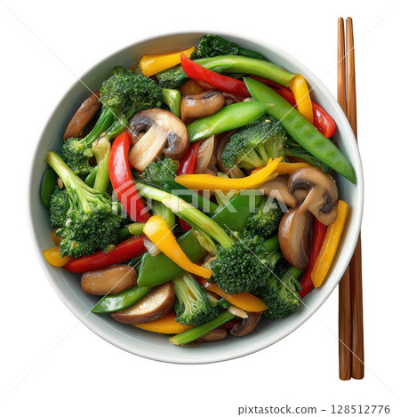 Colorful Stir Fry Vegetable Medley with Broccoli, Bell Peppers, and Mushrooms in a Modern Bowl 128512776