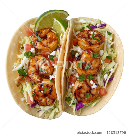 Grilled Shrimp Tacos with Cabbage Slaw and Fresh Lime Garnish on a White Background Grilled Shrimp Tacos with Cabbage Slaw and Fresh Lime Garnish on a White Background 128512796