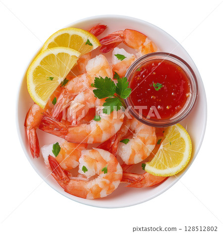Chilled Prawn Cocktail Served with Tangy Sauce and Fresh Lemon Garnish on a White Plate 128512802