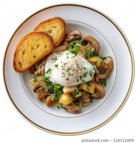 Delicate poached egg on bed of sauteed mushrooms and fresh herbs served with two slices of toasted bread on white plate 128512809