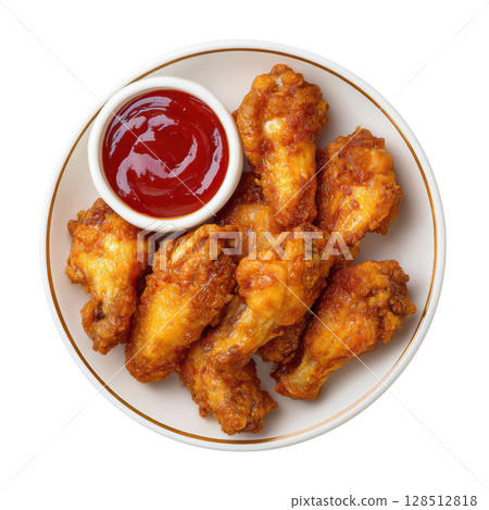 Golden Fried Chicken Wings Served with Side of Dipping Sauce on White Plate 128512818