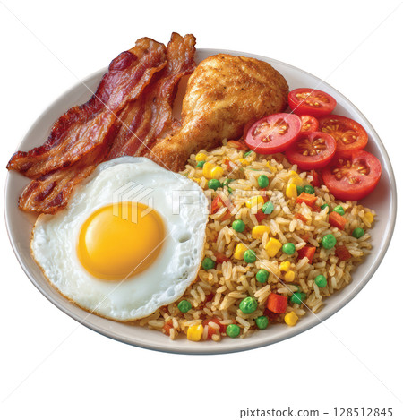 Delicious Plate of Fried Rice with Fried Bacon, Crispy Fried Chicken Leg, Fried Egg, and Fried Sausages 128512845