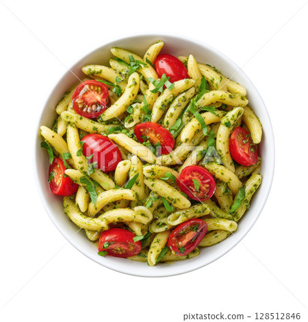 Fresh Cold Pasta Salad with Pesto and Cherry Tomatoes in a White Bowl Fresh Cold Pasta Salad with Pesto and Cherry Tomatoes in a White Bowl 128512846