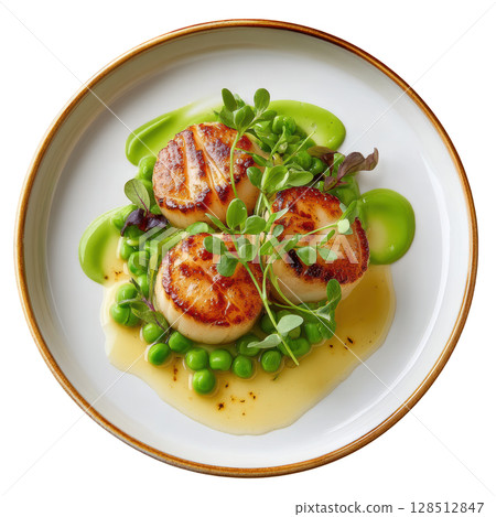 Delicate seared scallop dish with pea puree and microgreens on white plate, beautifully plated and fresh Delicate seared scallop dish with pea puree and microgreens on white plate, beautifully plated and fresh 128512847