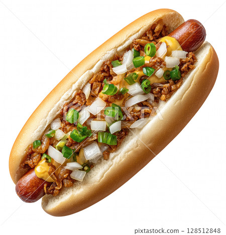 delicious hot dog topped with onions, jalapenos, and mustard, perfect for savory snack 128512848