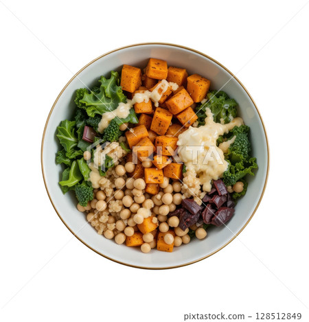 Healthy bowl with roasted sweet potato, kale, chickpeas, quinoa, olives, and creamy tahini dressing for nutritious meal 128512849