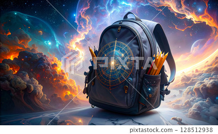 Minimalist Backpack with Geometric Supplies. Back to School concept. Generated image 128512938