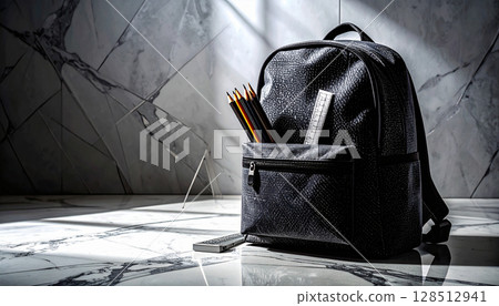 Minimalist Backpack with Geometric Supplies. Back to School concept. Generated image 128512941