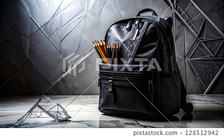 Minimalist Backpack with Geometric Supplies. Back to School concept. Generated image 128512942