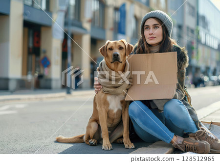 Urban protest with woman and dog in front of city hall, advocacy scene for civic or political use. 128512965