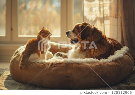 Dog and cat in shared bed, not happy, reflecting real-life pet behavior and household interaction. 128512966