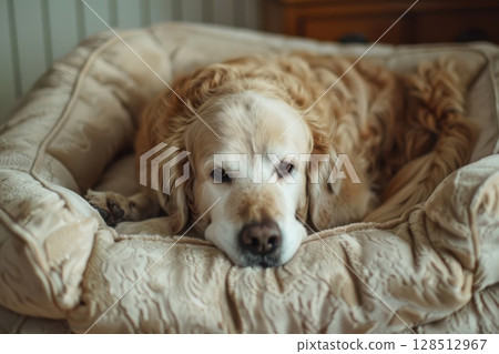 Restful dog in bed shows clear care routines, pet aging support, and a sense of home comfort. 128512967