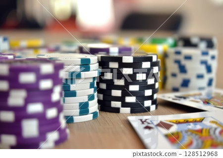 Detailed shot of casino gambling chips and playing cards in sharp focus with blurred background. 128512968