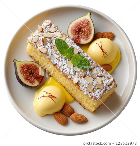 Almond cake dusted with powdered sugar and sliced almonds served with fresh figs, almond cream, and saffron garnish on plate 128512978