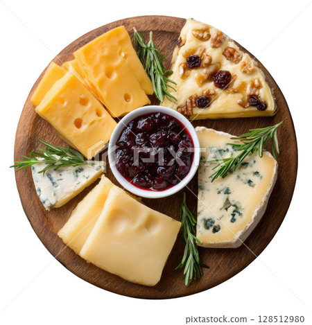 Elegant Cheese Platter with Assorted Cheeses, Jam, Nuts, and Fresh Herbs for Entertaining and Culinary Presentation 128512980