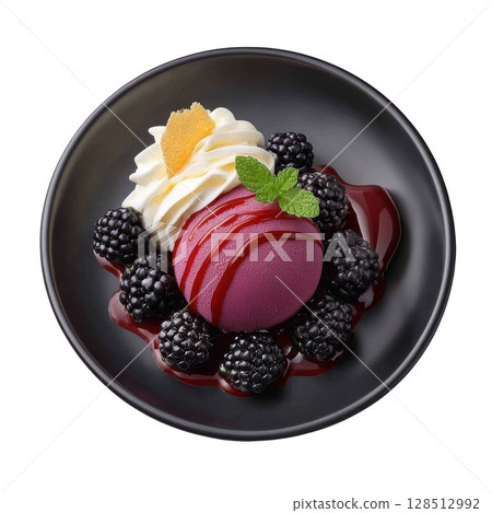 Deep Purple Blackberry Sorbet with Fresh Blackberries and Meringue Shard Drizzled with Blackberry Coulis 128512992