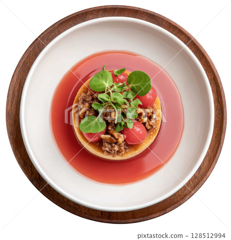 Elegant Chicken Liver Mousse Canape on Crisp Sourdough with Topping of Rhubarb Gel and Crushed Pecans 128512994