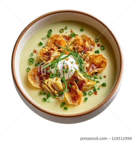 Artichoke soup with crispy chips, fresh chives, and creamy garnish served in bowl, presenting delicious and elegant dish 128512999