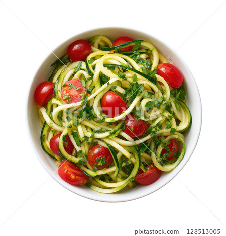Fresh Spiralized Zucchini Noodles Tossed with Pesto and Vibrant Cherry Tomatoes Ready to Serve Fresh Spiralized Zucchini Noodles Tossed with Pesto and Vibrant Cherry Tomatoes Ready to Serve 128513005