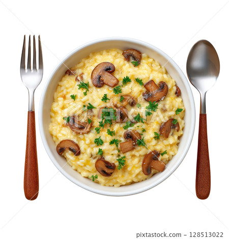 Creamy Risotto with Mushrooms and Parmesan Cheese Served in White Bowl with Cutlery on a Simple Background 128513022