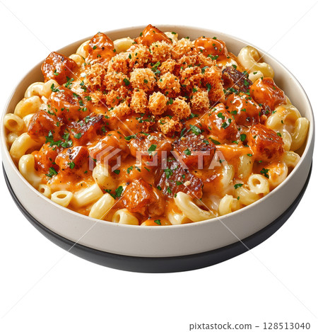 delightful bowl of creamy macaroni and cheese topped with crispy breadcrumbs and savory pieces of meat, perfect for comfort 128513040