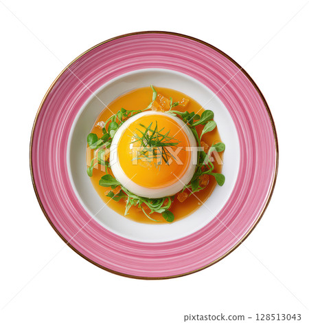 Shimmering Blood Orange Gelee Layered Over Cream with Candied Zest and Tarragon Garnish on Elegant Plate Shimmering Blood Orange Gelee Layered Over Cream with Candied Zest and Tarragon Garnish on Elegant Plate 128513043