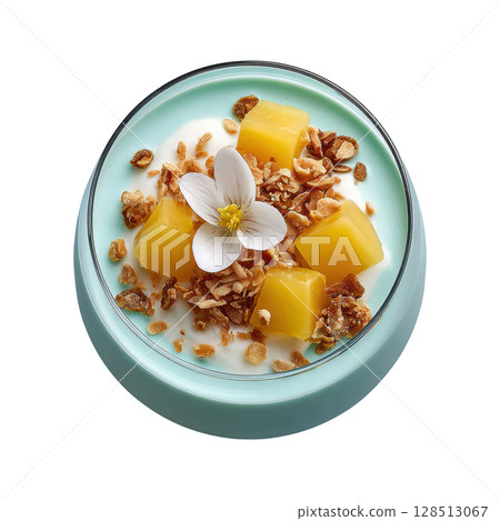 Creamy Coconut Panna Cotta Dessert with Mango Gel Cubes and Toasted Coconut Flakes 128513067