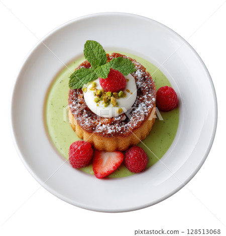 Elegant Financier with Pistachio Cream, Fresh Raspberries, Mint, and Dusting of Powdered Sugar on a Plate 128513068