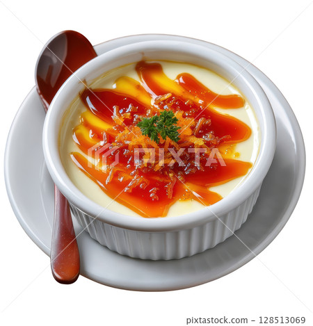 Silky Cream Dessert with Spiced Clove Flavor and Candied Grapefruit Zest Topped with Caramel Drizzle 128513069