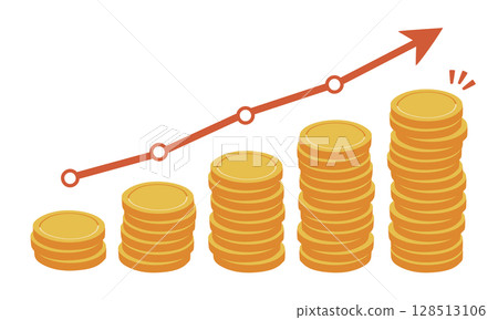 Illustration of a stepped coin tower and a graph with a red arrow 128513106